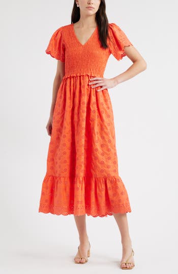 Caslon ® Eyelet Smocked Flutter Sleeve Maxi Dress In Orange