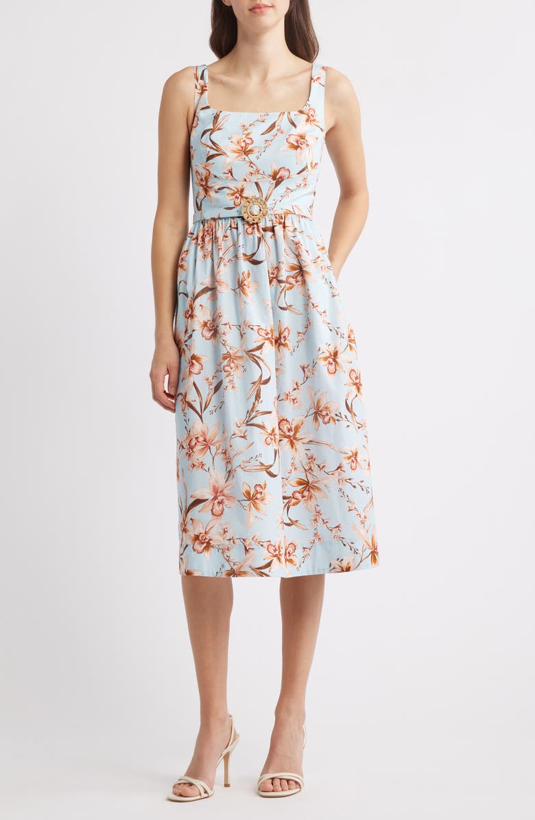 Eliza J Floral Fit & Flare Dress, Main, color, Light Blue