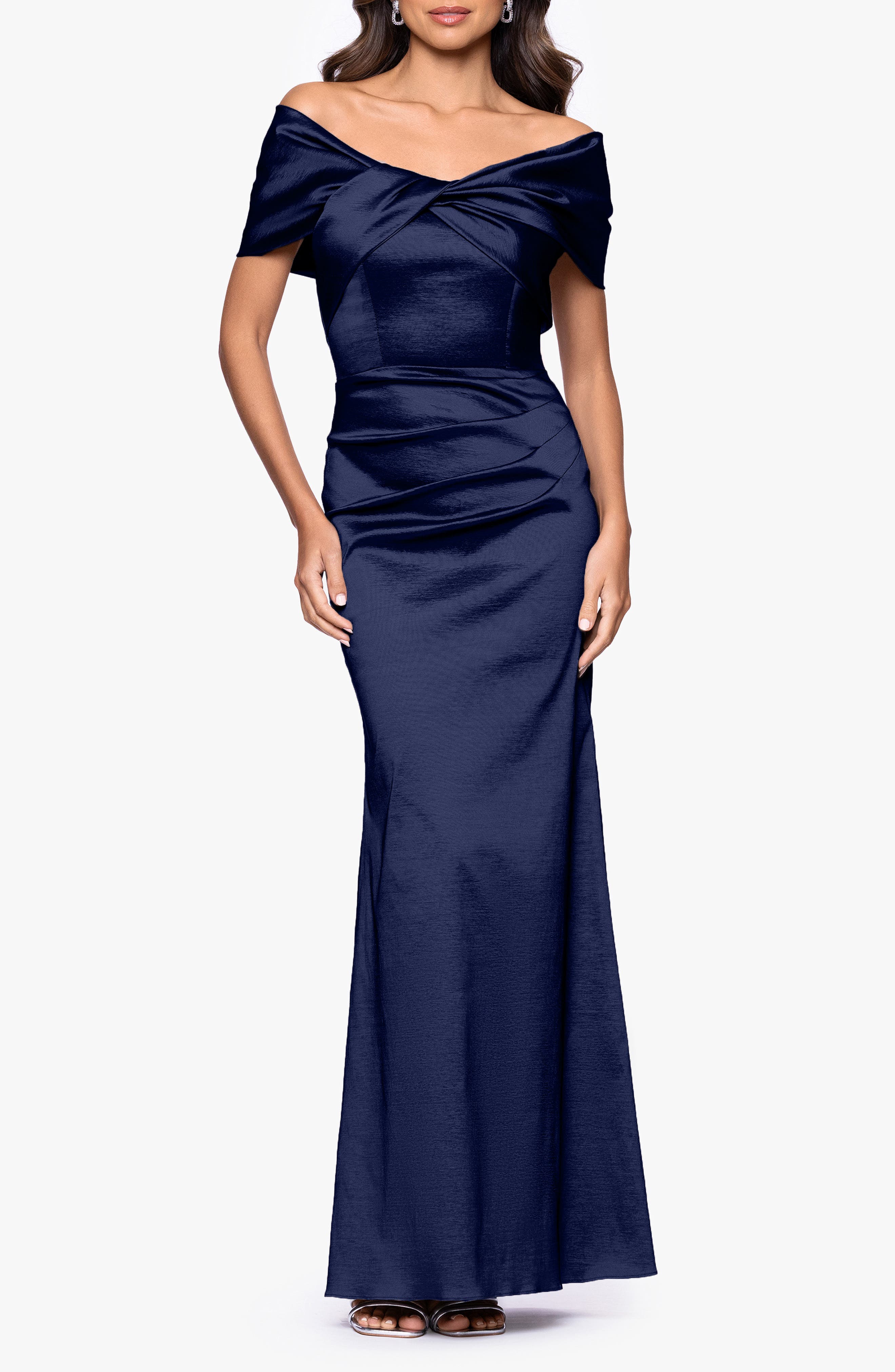Ruched Taffeta Off the Shoulder Gown