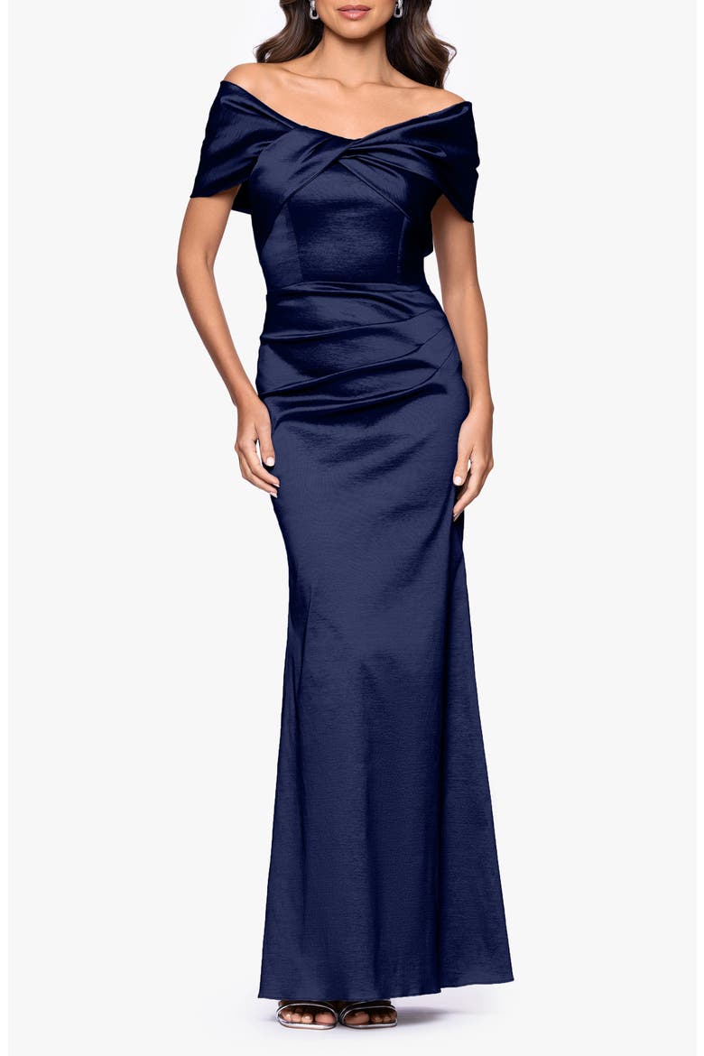 Ruched Taffeta Off the Shoulder Gown, Main, color, NAVY