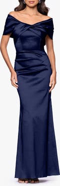 Betsy & Adam Ruched Taffeta Off the Shoulder Gown
