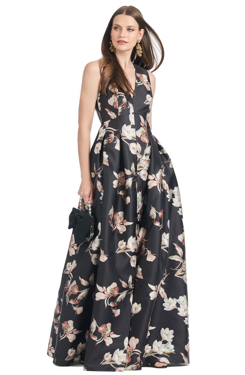 Sachin & Babi Brooke Floral Mikado Ballgown, Alternate, color, Black Venetia Petals