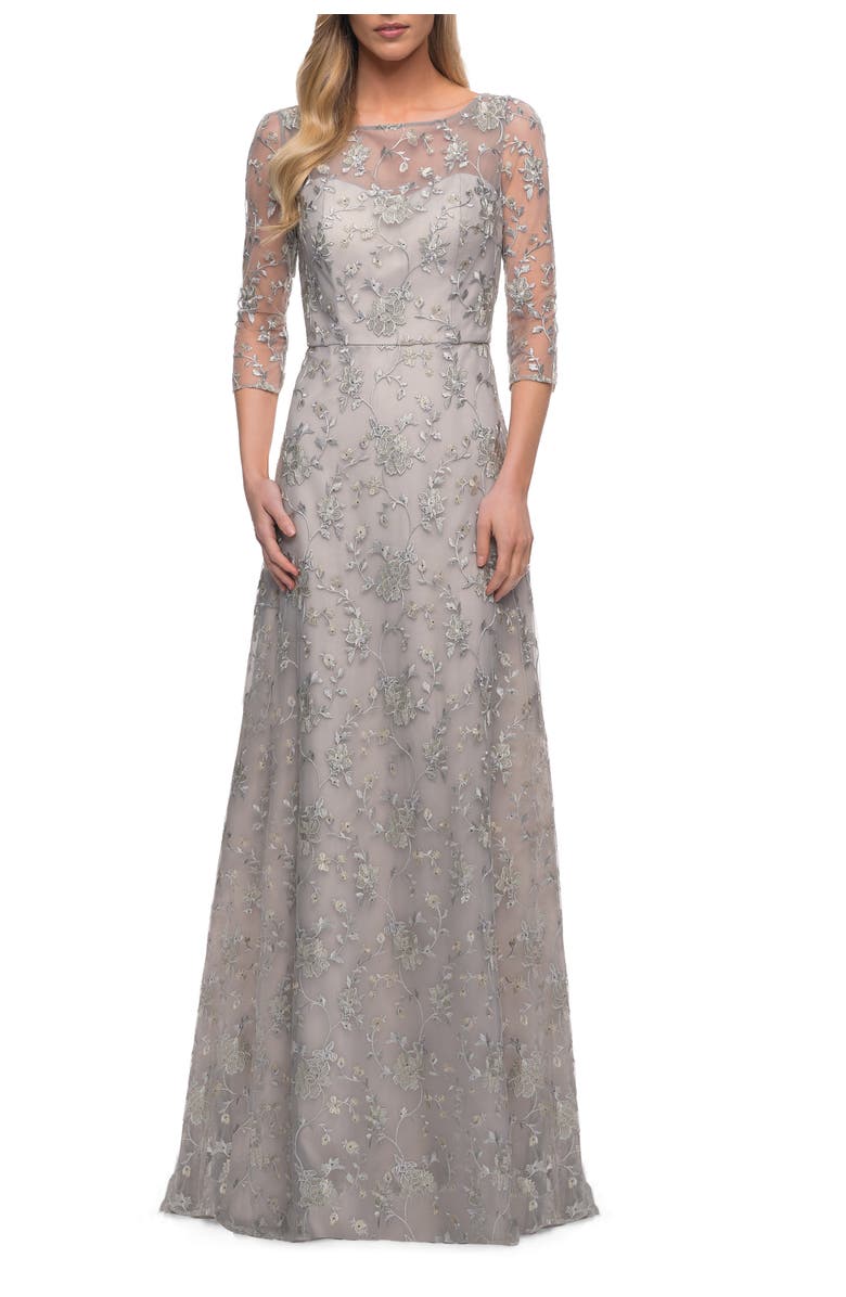 La Femme Lace Dress with Three-Quarter Sleeves and Illusion Neckline, Alternate, color, Pearl Silver