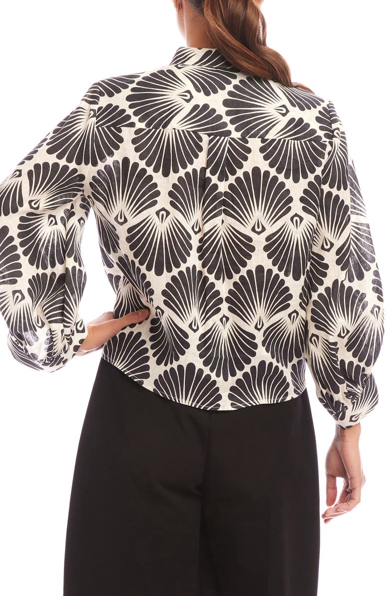Karen Kane Shell Print Tie Front Linen Button-Up Top, Alternate, color, Black/ White Print