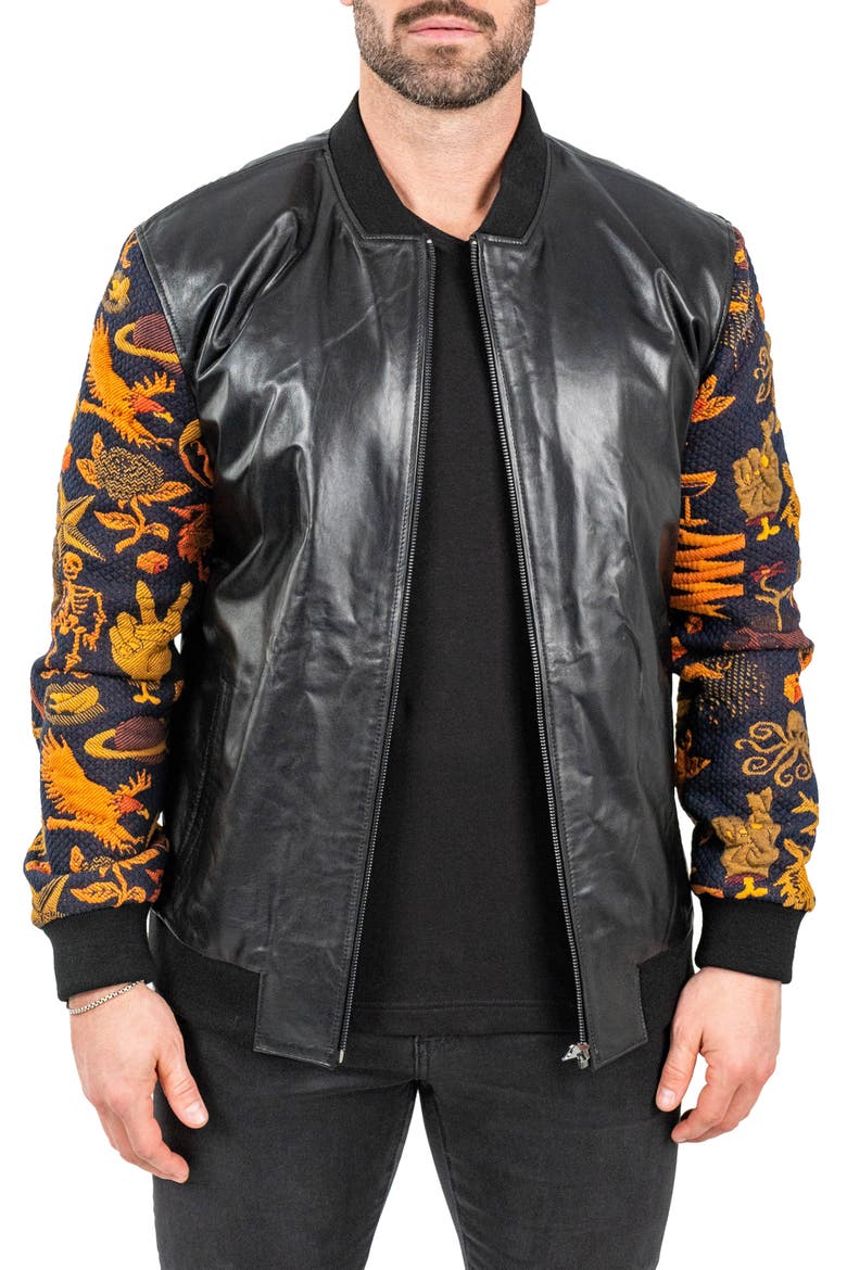 Skull Sleeve Leather Bomber Jacket, Main, color, BLACK