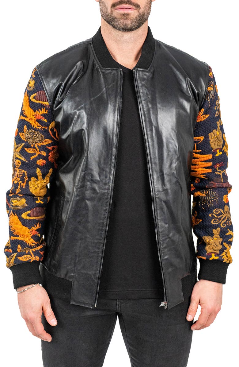 Maceoo Skull Sleeve Leather Bomber Jacket, Main, color, Black