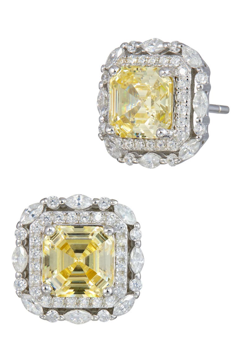 Asscher Cut Cubic Zirconia Double Halo Stud Earrings, Main, color, FANCY YELLOW