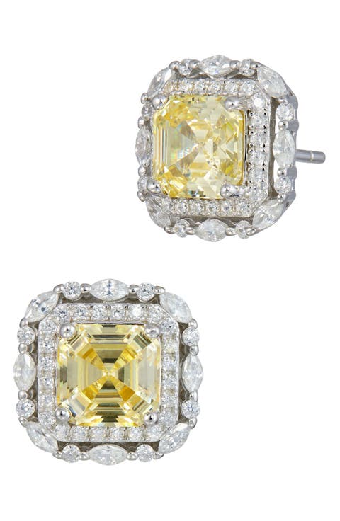 Asscher Cut Cubic Zirconia Double Halo Stud Earrings