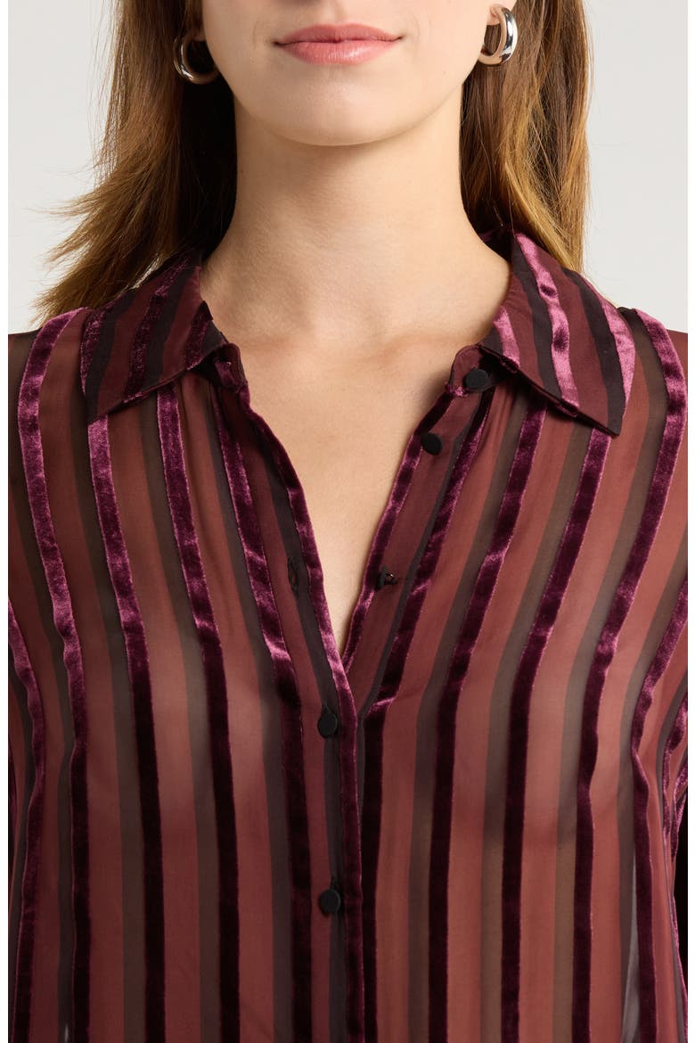 Mazzy Velvet Stripe Sheer Silk Blend Button-Up Shirt, Alternate, color, AUBERGINE/ BLACK