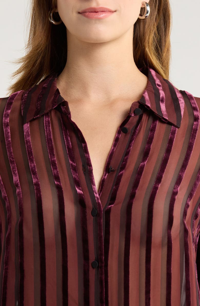 PAIGE Mazzy Velvet Stripe Sheer Silk Blend Button-Up Shirt, Alternate, color, Aubergine/ Black