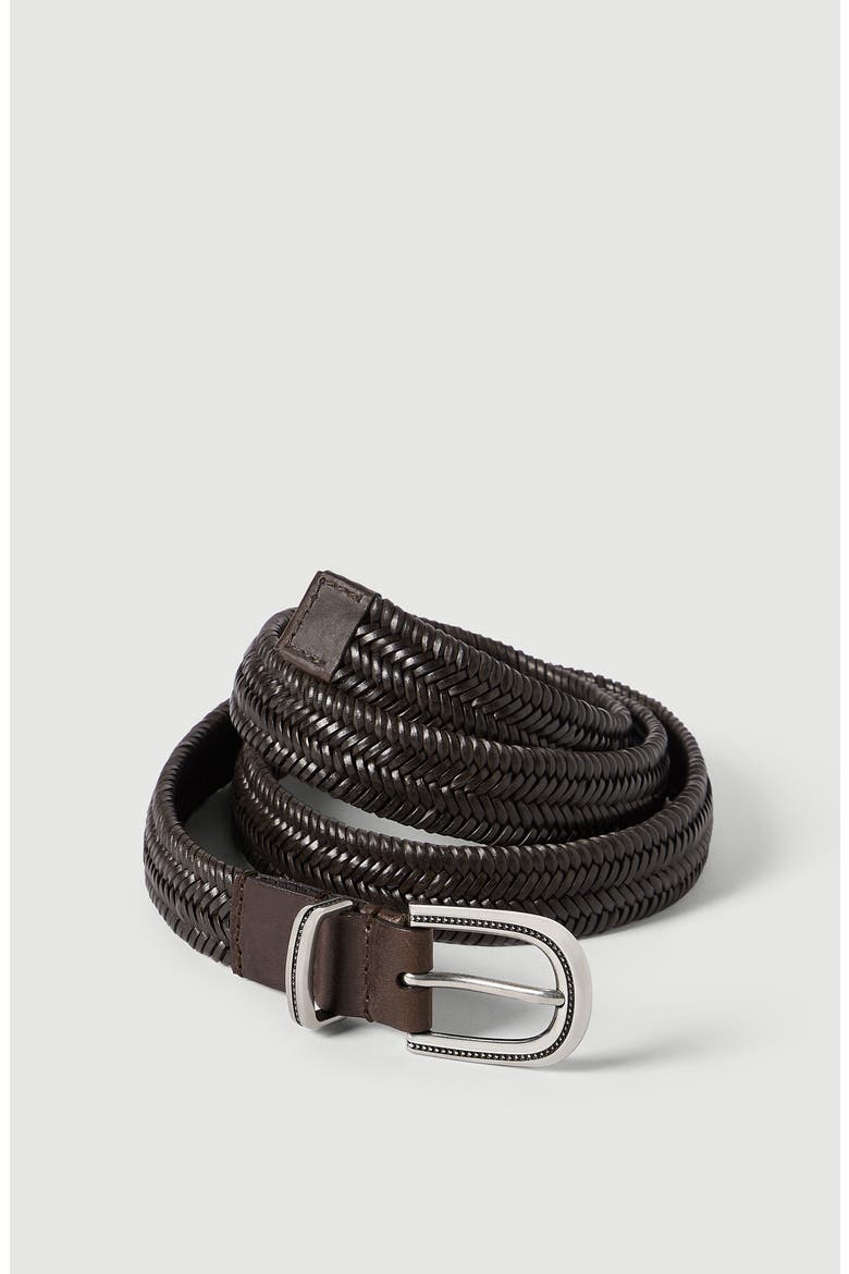 Chevron-effect braided leather belt, Alternate, color, Brown