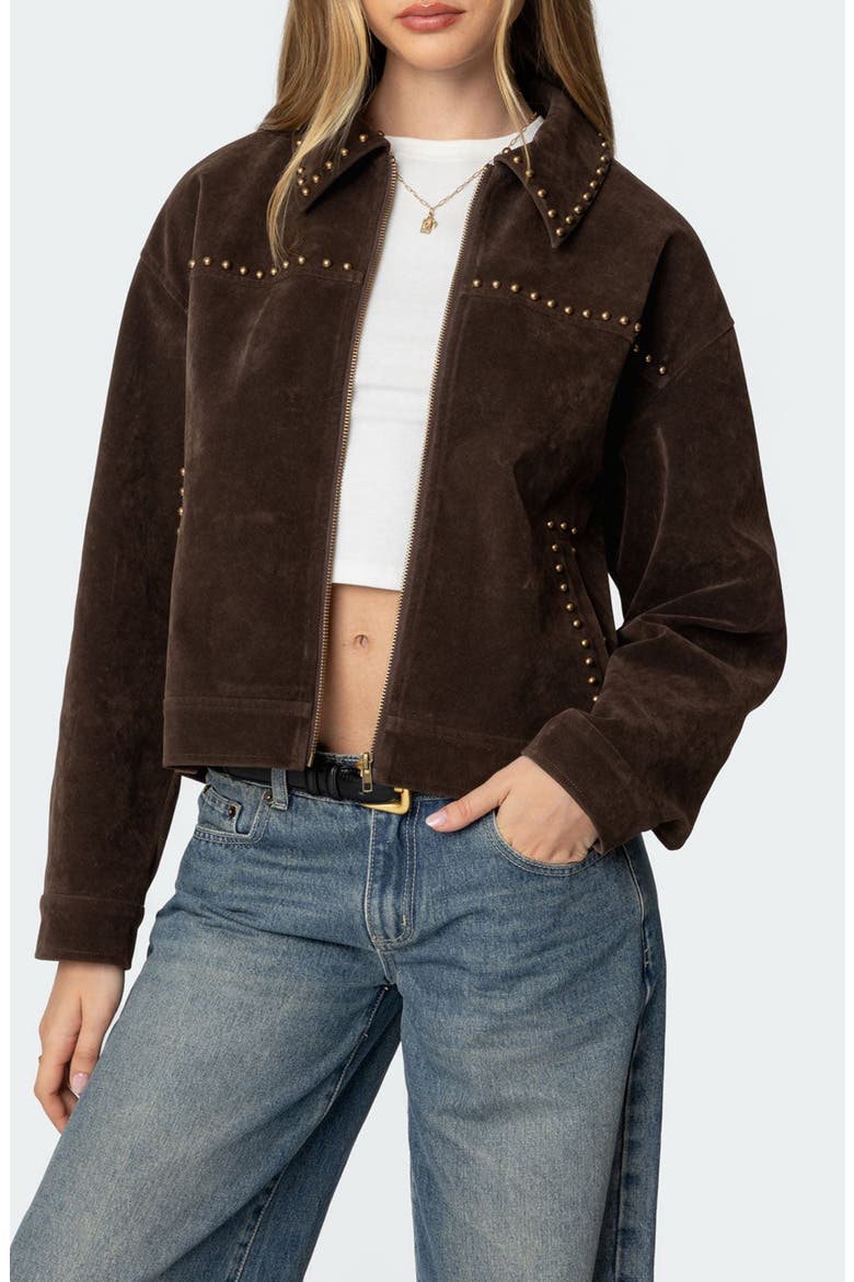 Memphis Studded Faux Suede Jacket, Main, color, BROWN