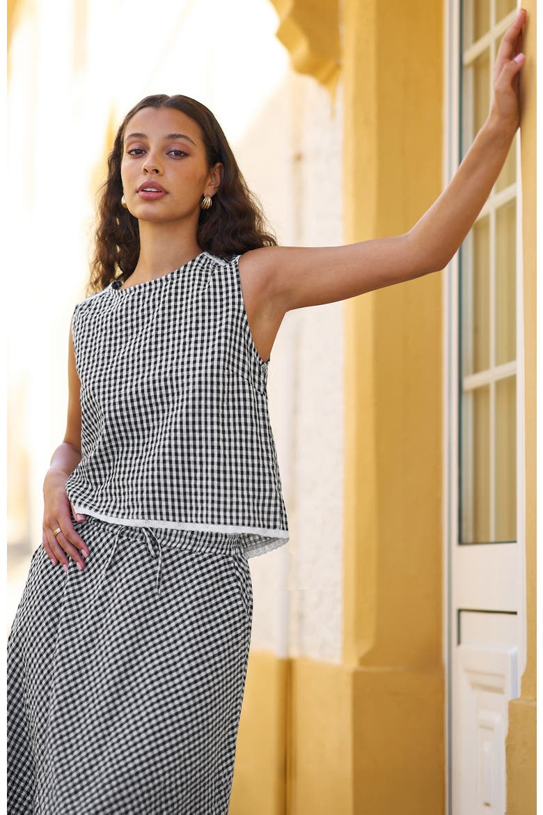 Gingham Cotton Midi Skirt, Alternate, color, Black