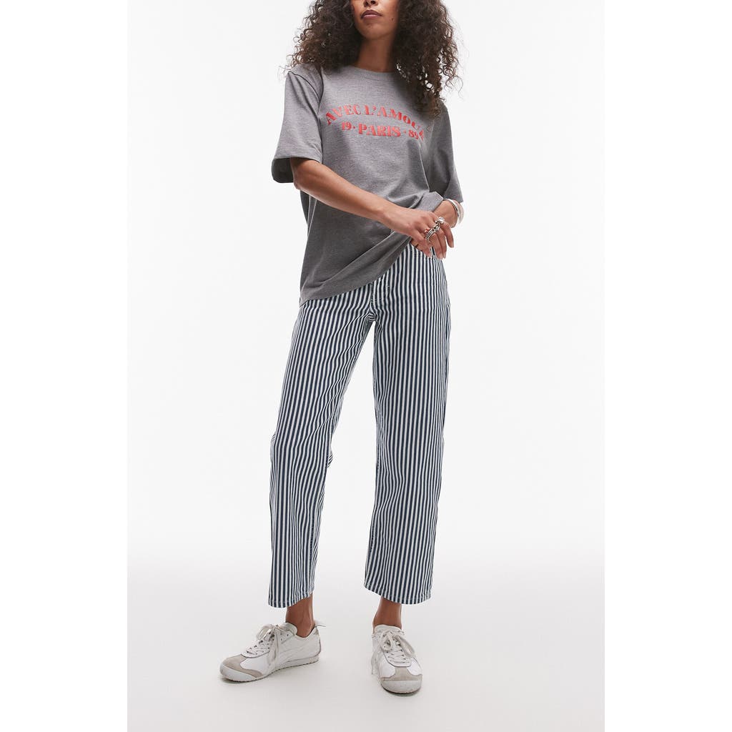 Topshop Stripe Crop Straight Leg Cotton Pants In Gray