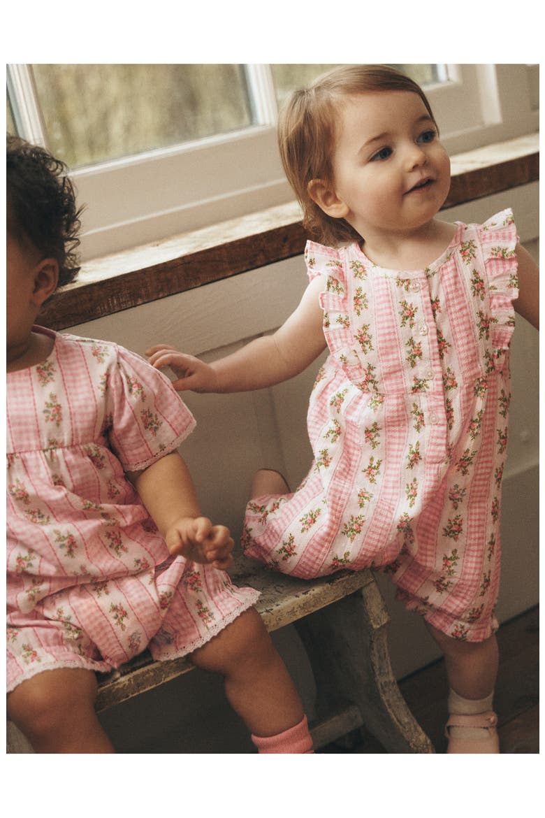 Short Frill Cotton Bubble Romper, Alternate, color, PINK GINGHAM FLORAL