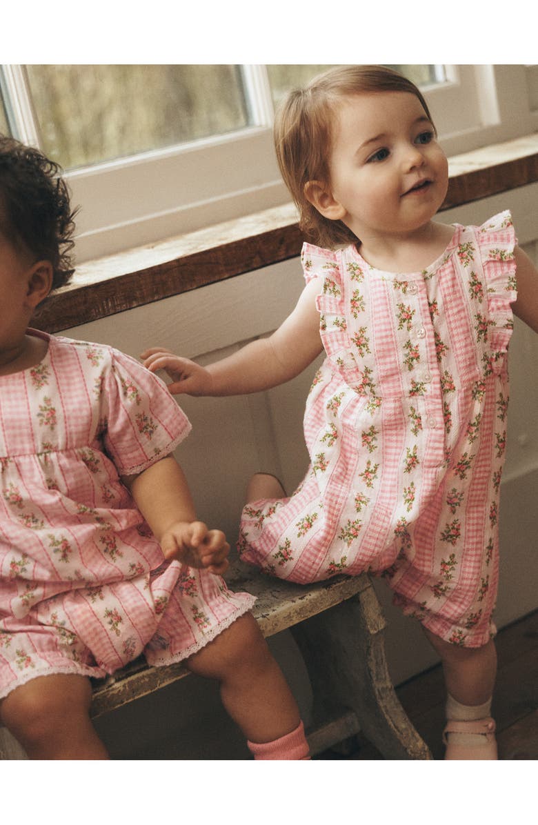 Mini Boden Short Frill Cotton Bubble Romper, Alternate, color, Pink Gingham Floral