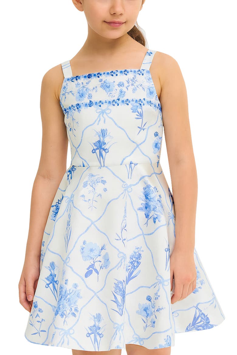 Kids' Border Print Mikado Fit & Flare Party Dress, Alternate, color, IVORY/ BLUE