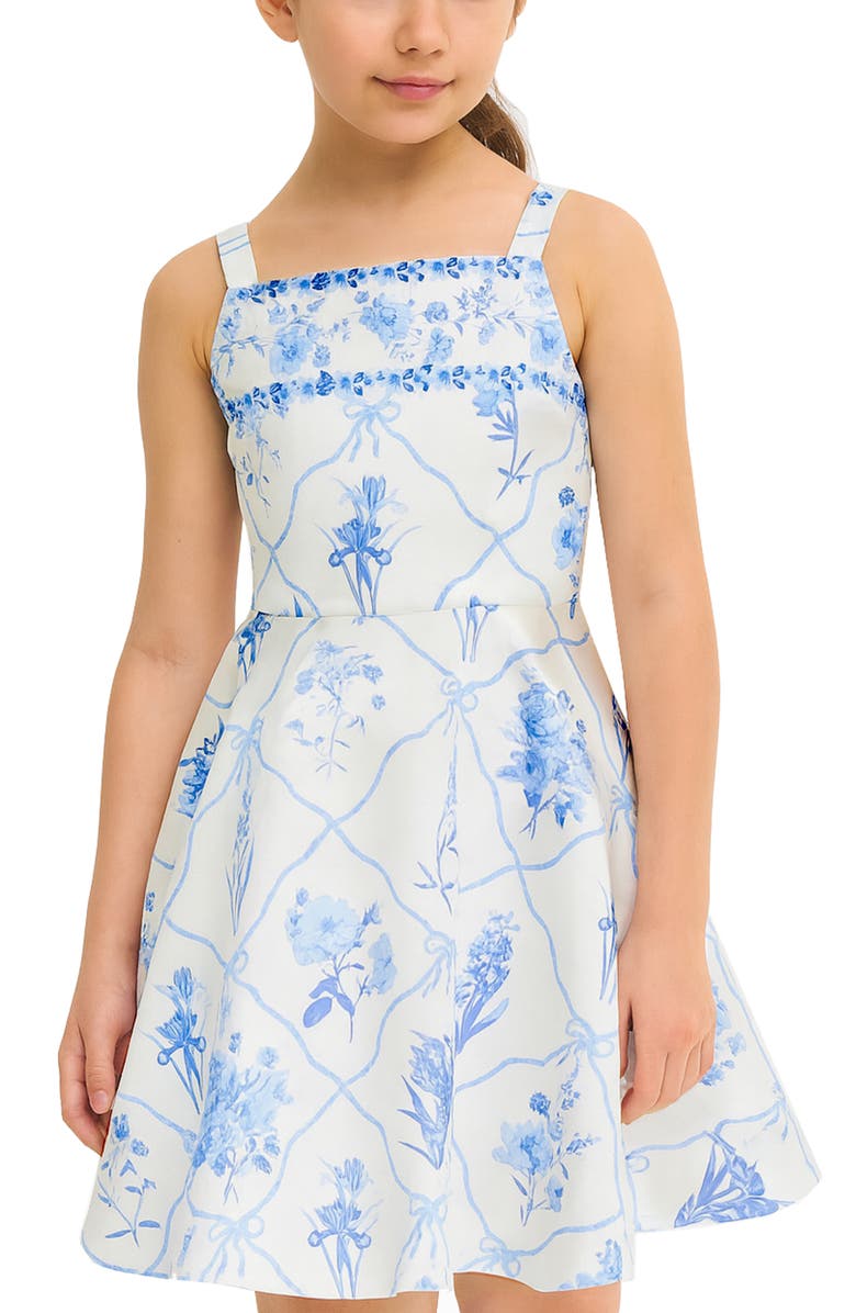 Zunie Kids' Border Print Mikado Fit & Flare Party Dress, Alternate, color, Ivory/ Blue