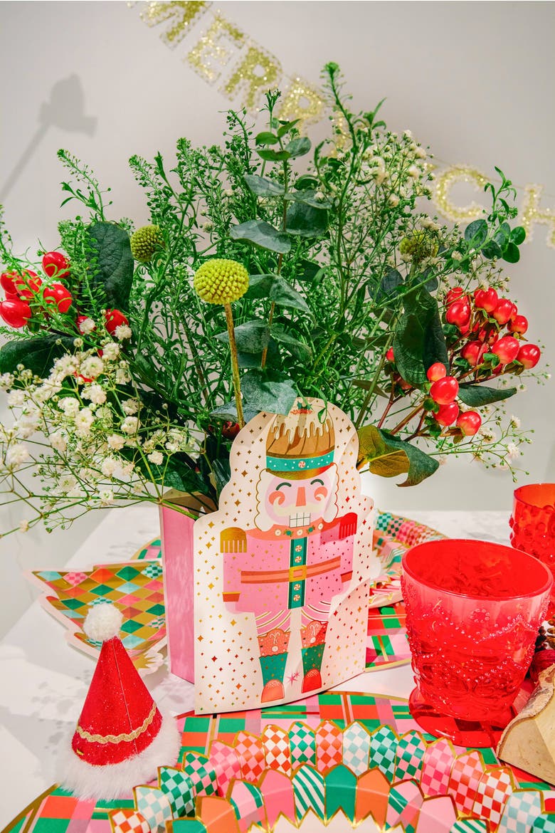 Nutcracker Pop-Up Vase Slip Covers Set of 3 - Gold Foil Die-Cut Nutcracker Paper Vase Sleeves in 3 Festive Colors for Holiday Table Centerpieces, Alternate, color, Multicolor