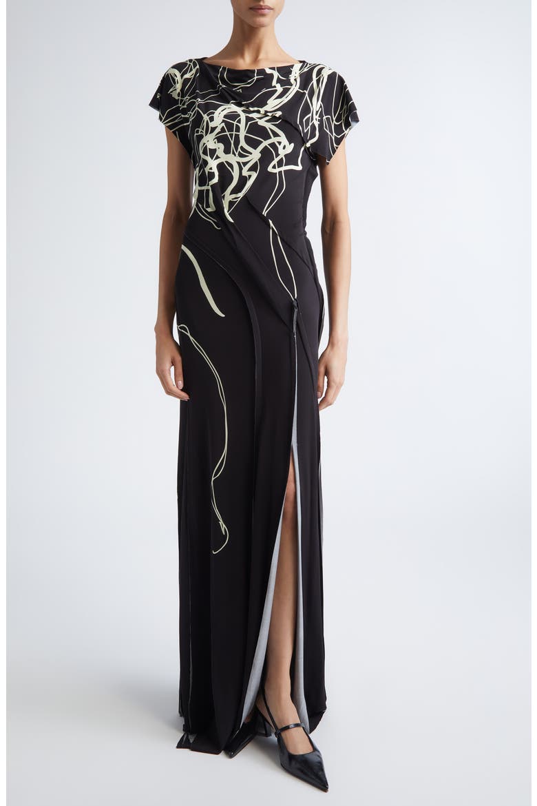 Scribble Floral Print Jersey Gown, Main, color, BLACK/ CHALK