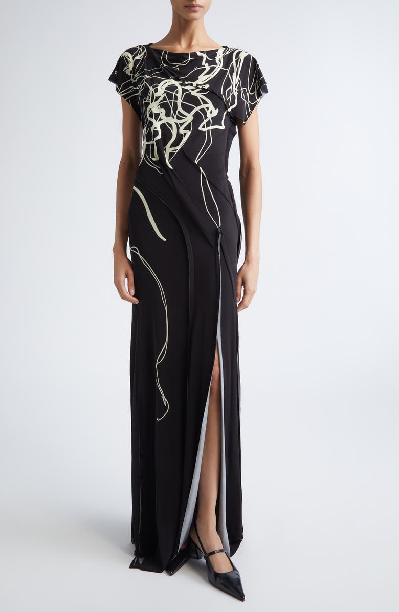 Jason Wu Collection Scribble Floral Print Jersey Gown, Main, color, Black/ Chalk