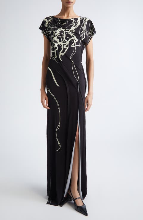 Scribble Floral Print Jersey Gown