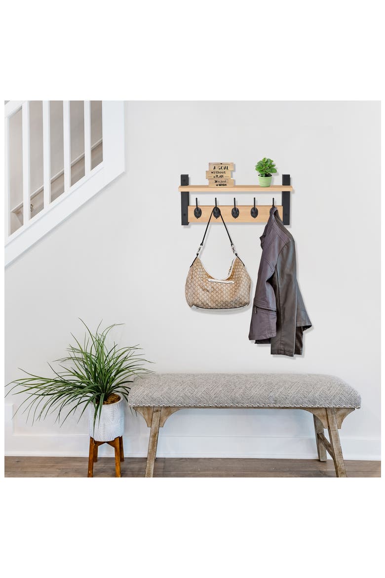 16-Inch Floating Wall Shelf with Hooks, Alternate, color, MAPLE