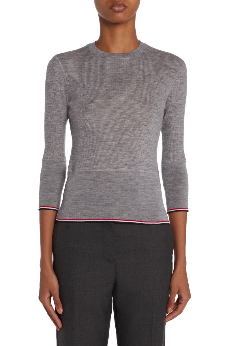 Thom Browne Three-Quarter Sleeve Rib Crewneck Sweater, Main, color, 