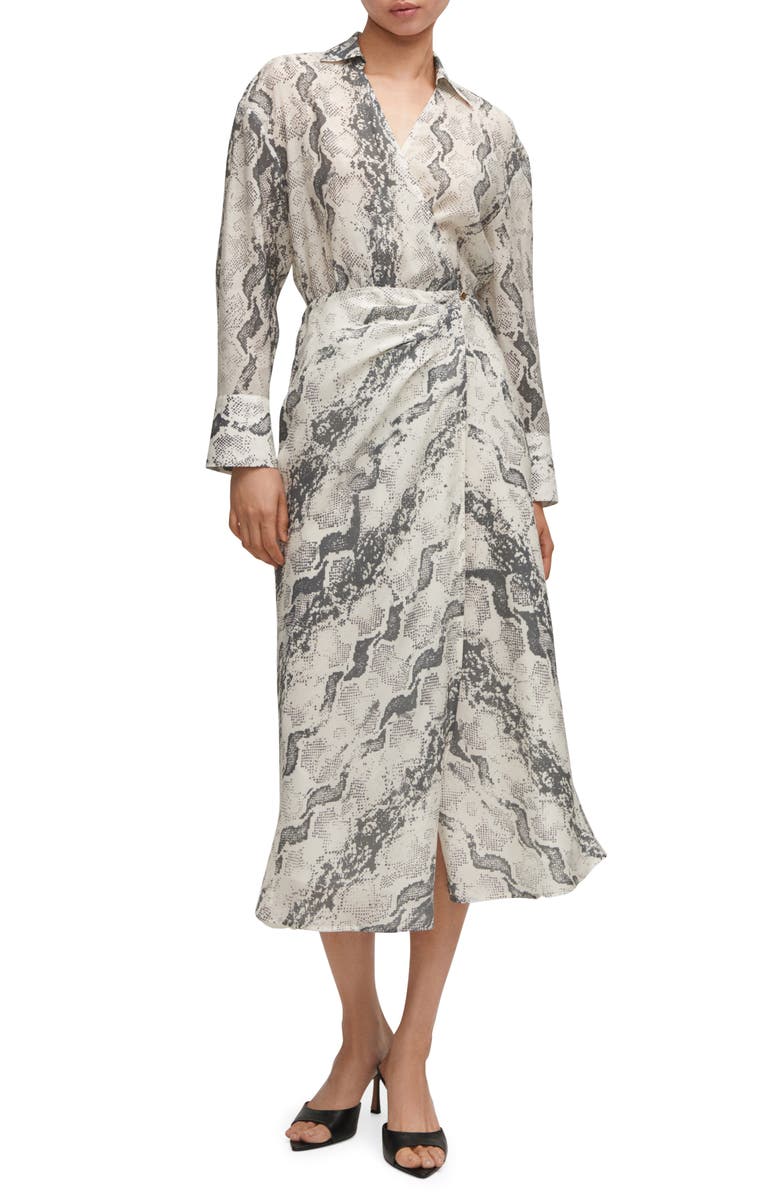 MANGO Snakeskin Print Long Sleeve Wrap Shirtdress, Main, color, 