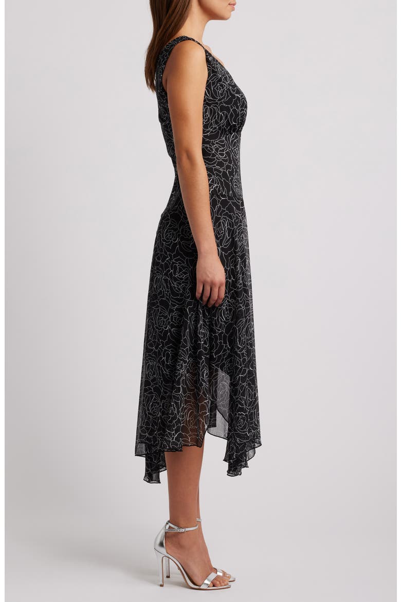 Floral Asymmetric Hem Chiffon Midi Dress, Alternate, color, BLACK