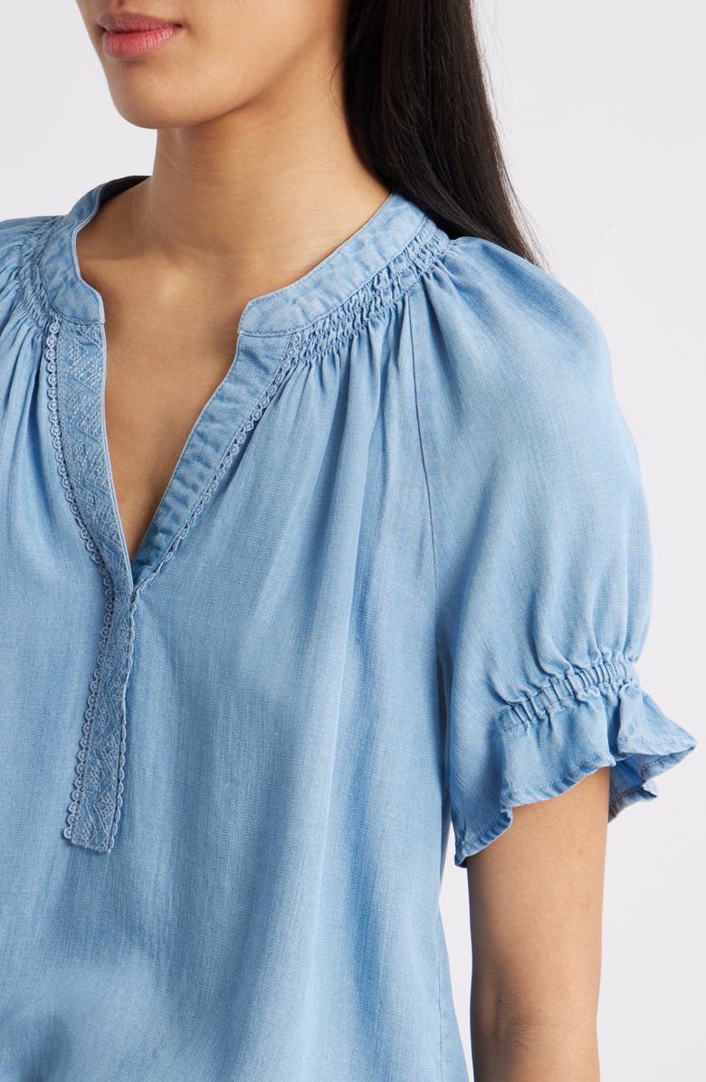Wit & Wisdom Smocked Embroidered Chambray Top, Alternate, color,