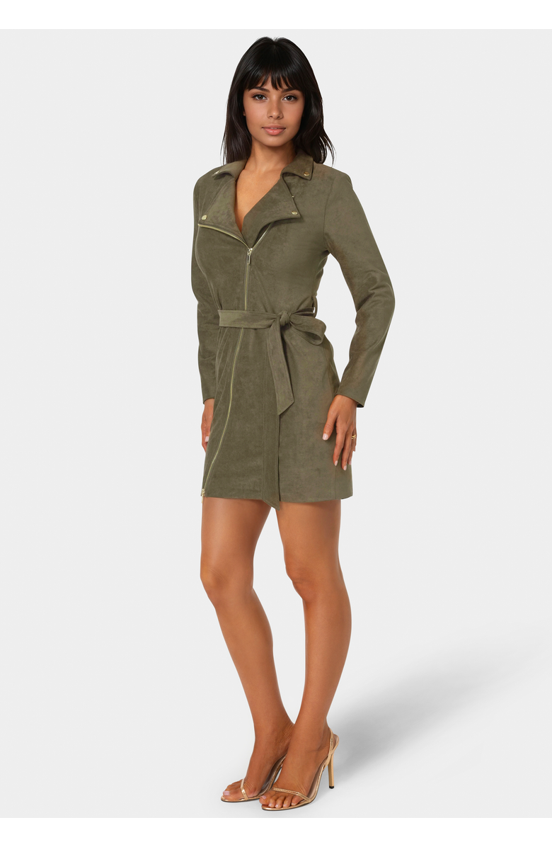 bebe Faux Suede Moto Dress, Alternate, color, Olive
