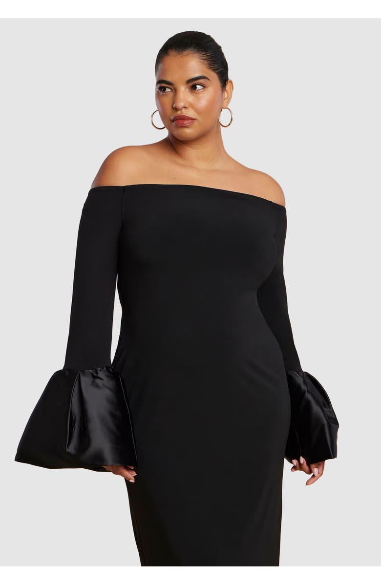 ELOQUII Off Shoulder Cuff Detail Maxi Dress, Alternate, color, Black Onyx