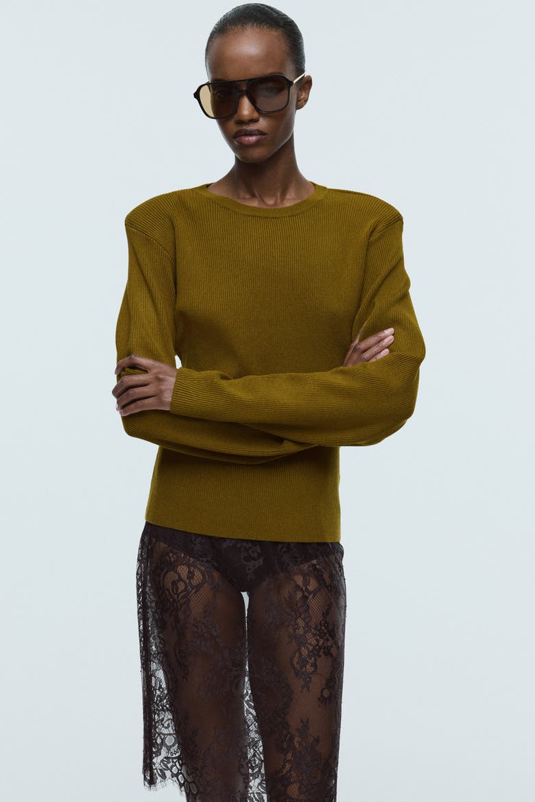Rib-knit Shoulder-pad Top, Alternate, color, Olive green
