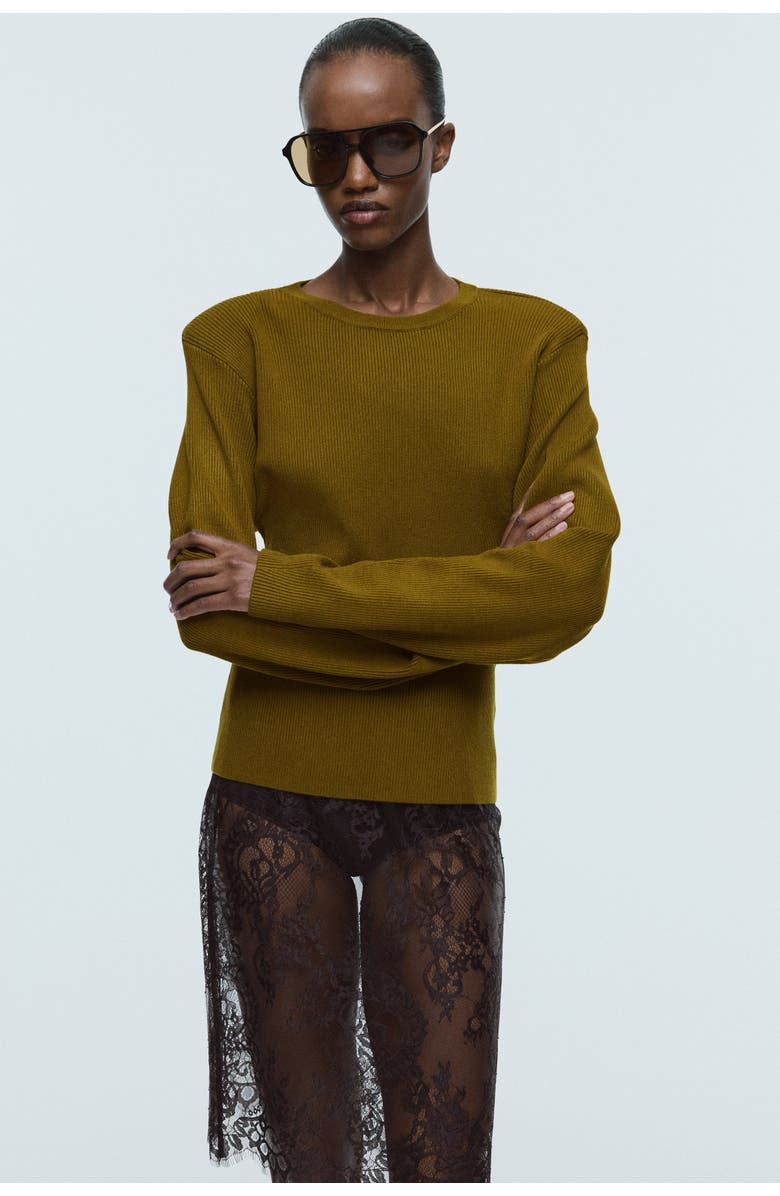 H&M Rib-knit Shoulder-pad Top, Alternate, color, Olive Green