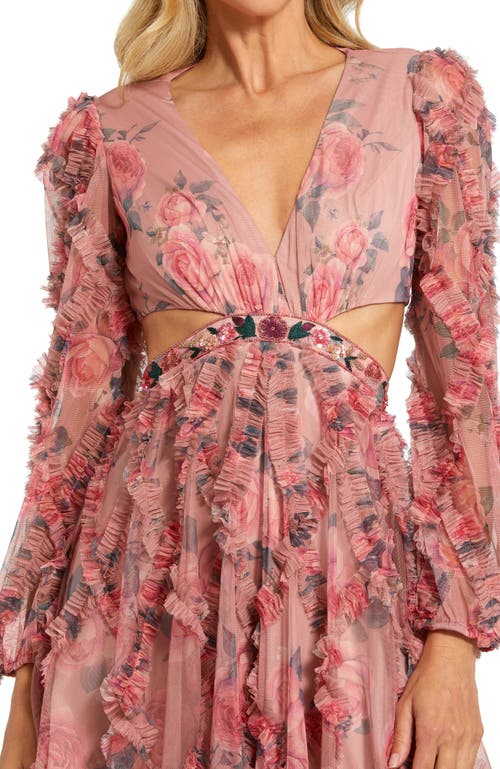 Mac Duggal Floral Ruffle Cutout Chiffon A-line Cocktail Dress In Rose Multi