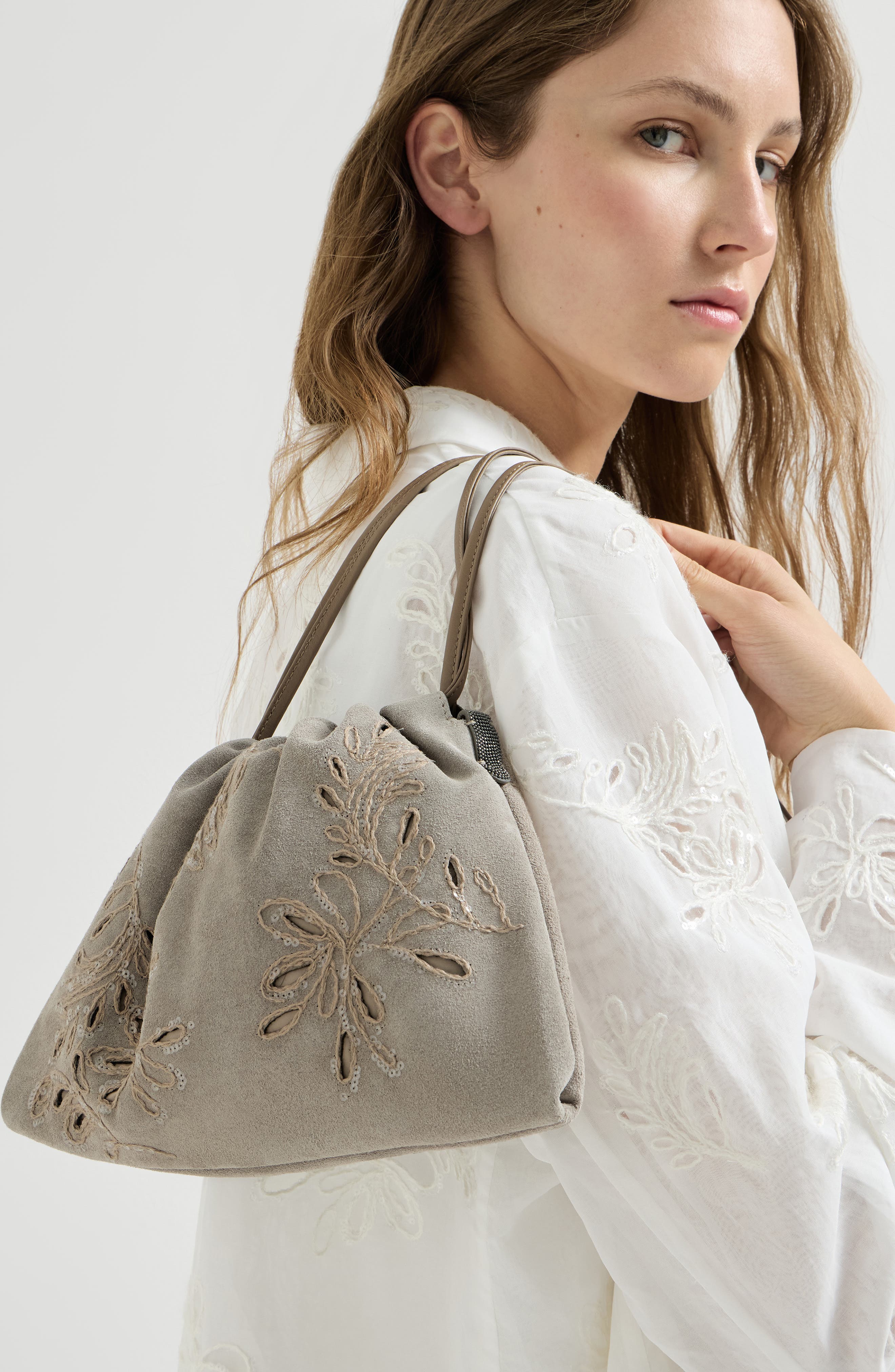 Brunello Cucinelli BC Duo pouch bag with broderie anglaise, Alternate, color, Light Grey