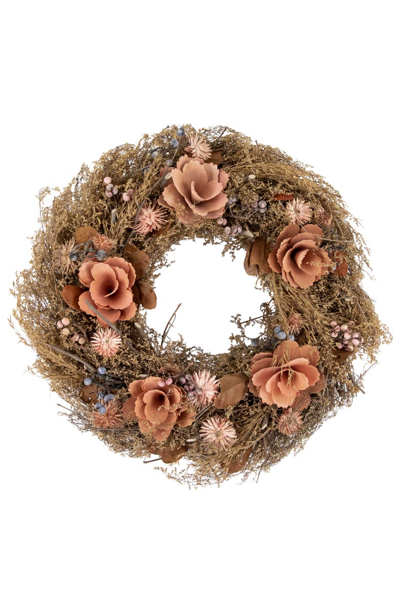Northlight Orange and Coral Pink Twig and Floral Autumn Harvest Wreath, 13.75-Inch, Unlit, Main, color, 