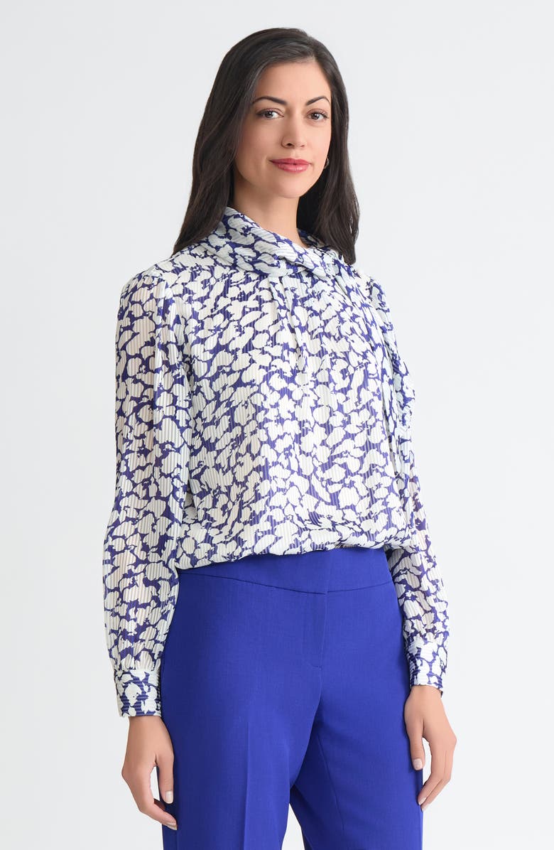 KASPER Tie Neck Long Sleeve Satin Top, Alternate, color, Royal Blue/ Vanilla Ice