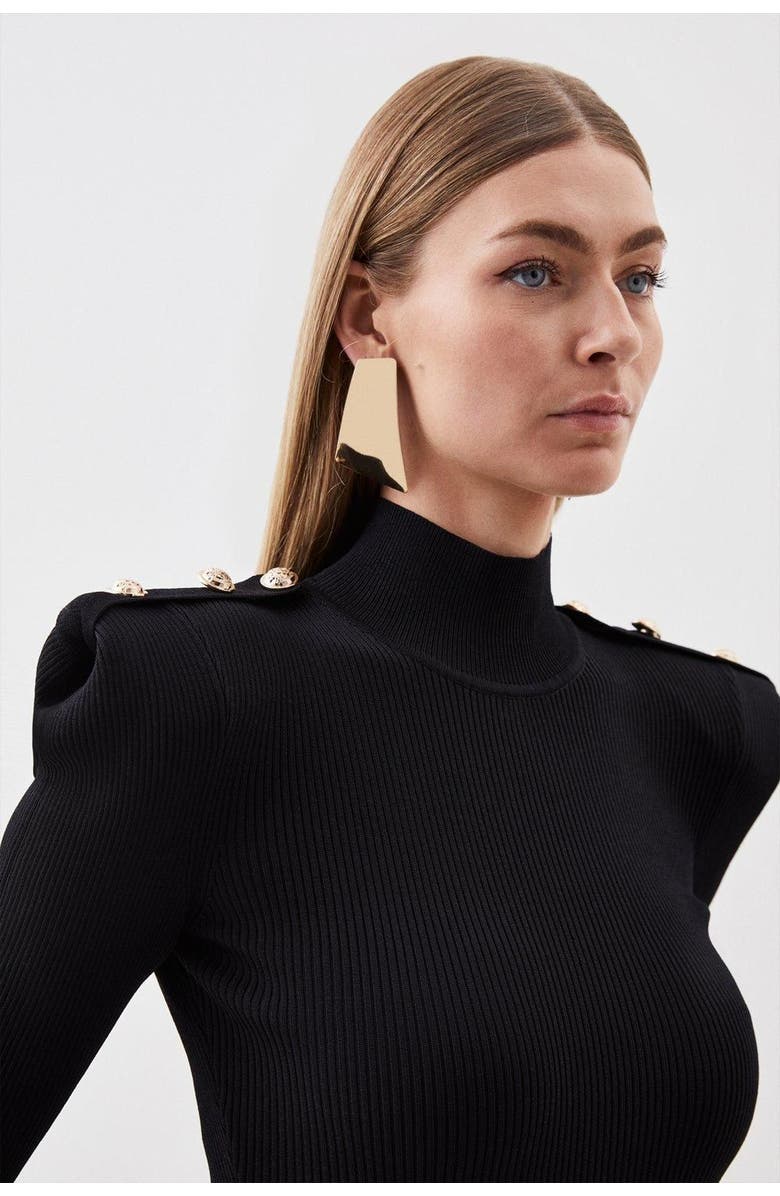 Karen Millen Rib Knit Power Shoulder Maxi Dress, Alternate, color, Black