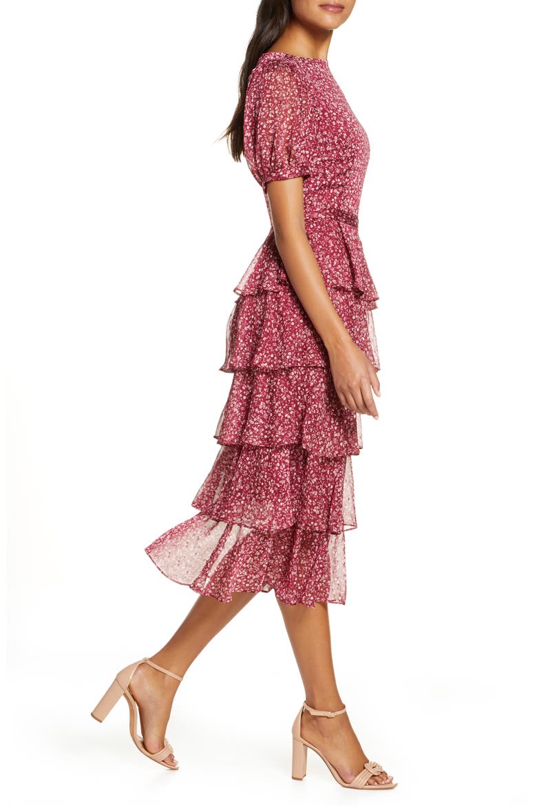 Floral Tiered Chiffon Dress, Alternate, color, BURGUNDY BEET LISBETH FLORAL
