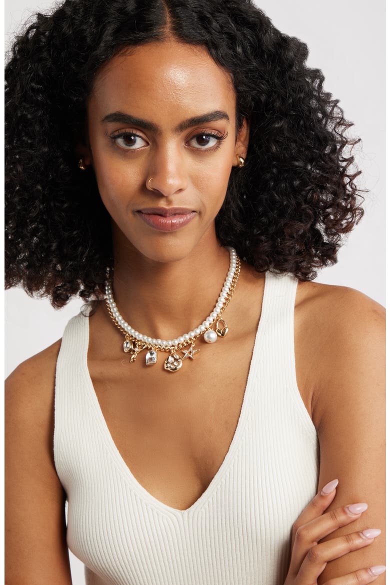 Set of 2 Cultured Pearl & Crystal Charm Necklaces, Alternate, color, CLEAR- WHITE- GOLD