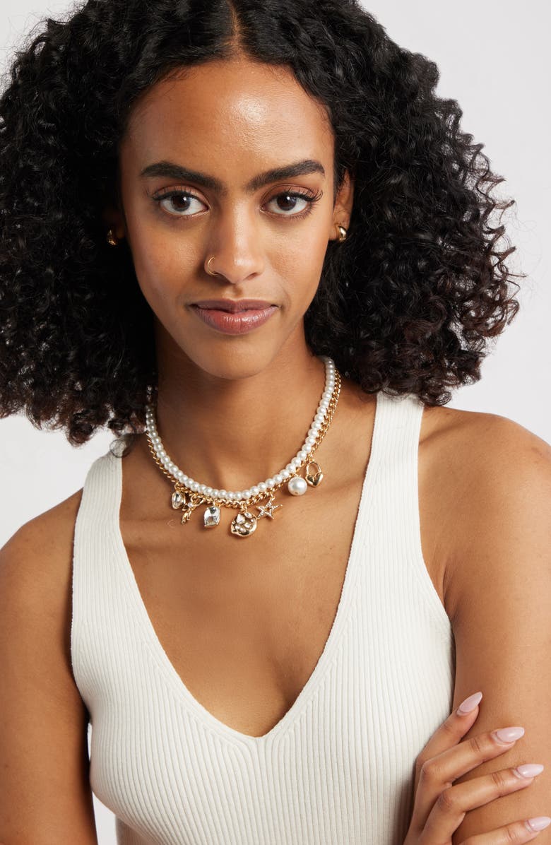 Open Edit Set of 2 Cultured Pearl & Crystal Charm Necklaces, Alternate, color, Clear- White- Gold