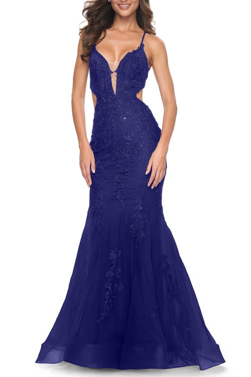 La Femme Lace And Tulle Mermaid Gown With Side Cut Outs In Marine Blue