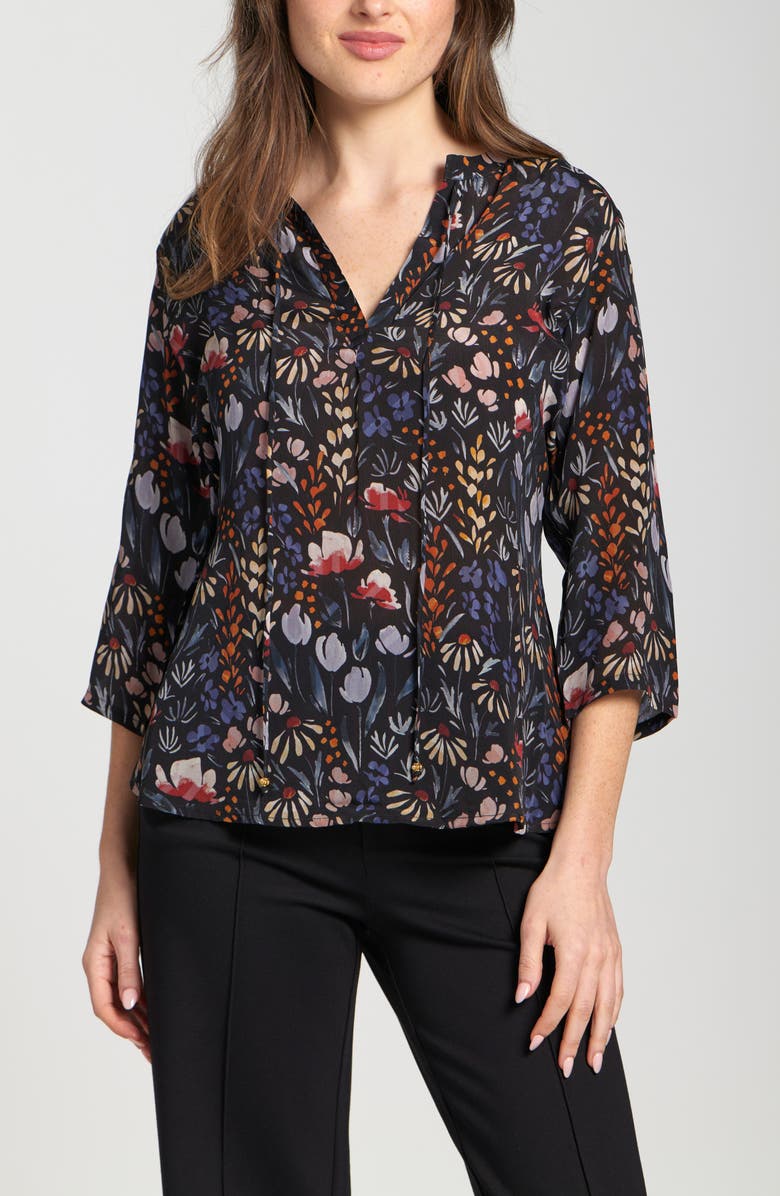 APNY Print Tassel Split Neck Chiffon Top, Main, color, Black Abstract Floral Multi