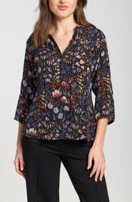 APNY Print Tassel Split Neck Chiffon Top