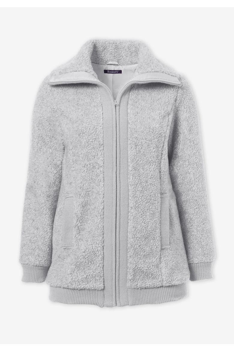 Plus Size High Collar Teddy Fleece Bomber, Alternate, color, BLACK