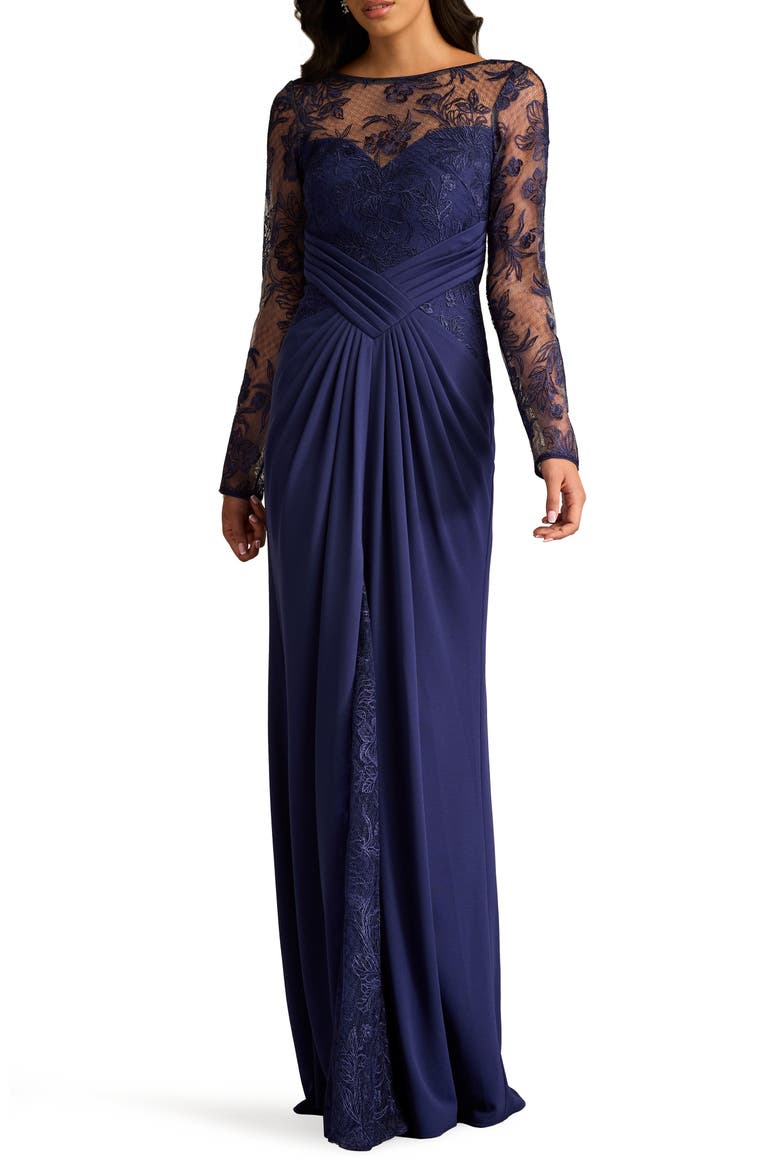 Floral Embroidery Long Sleeve Mixed Media Gown, Alternate, color, NOTTE
