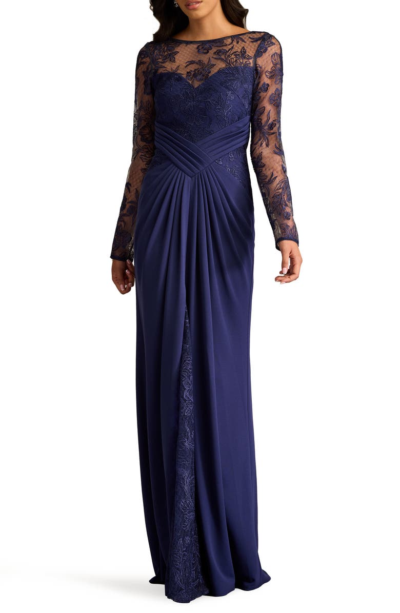 Tadashi Shoji Floral Embroidery Long Sleeve Mixed Media Gown, Alternate, color, Notte