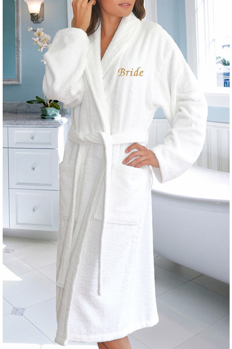 Gold Embroidered 'Bride' Terry Bathrobe, Alternate, color, WHITE